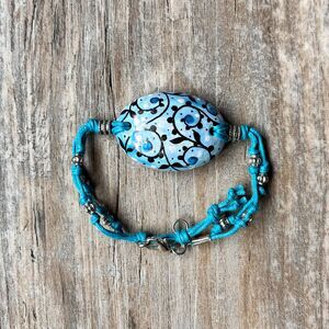 Vintage Hand Painted Italy Blue Art Glass Bead Bracelet Antique Boho